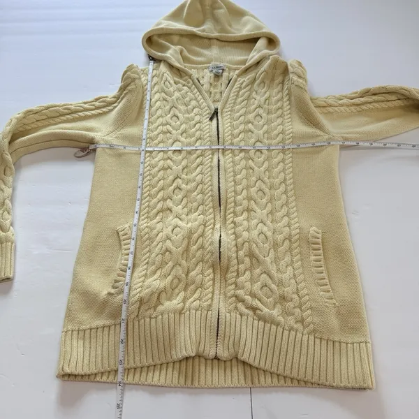 LL Bean Yellow Double L Mixed Cable Full Zip Hoodie Pockets Cotton Sweater SMALL - Image 8