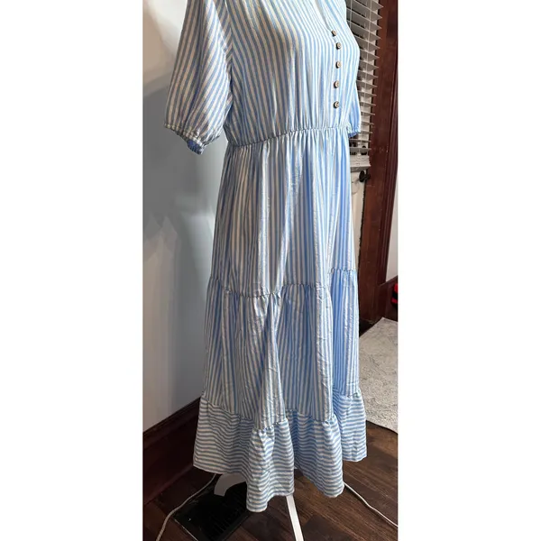 Blue White Striped Tiered Midi Dress XL Short Sleeve Button Front Coastal Boho - Image 2