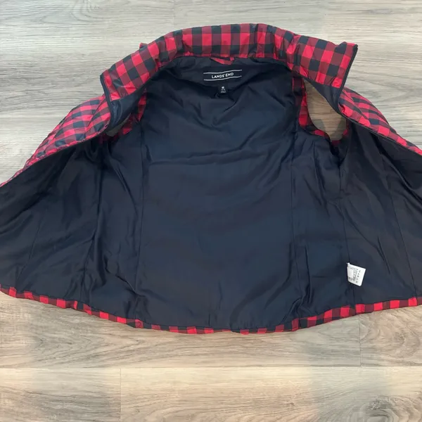 Lands’ End red/black buffalo plaid goose down women’s puffer vest size M(8-10) - Image 3