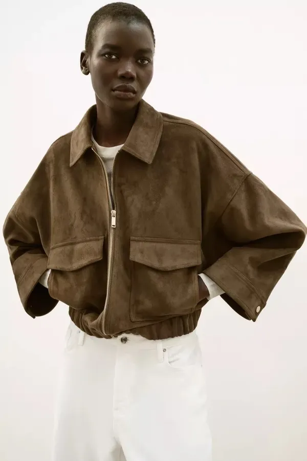 Zara Brown Tan Suede Faux Leather Bomber Jacket Outerwear - Image 6