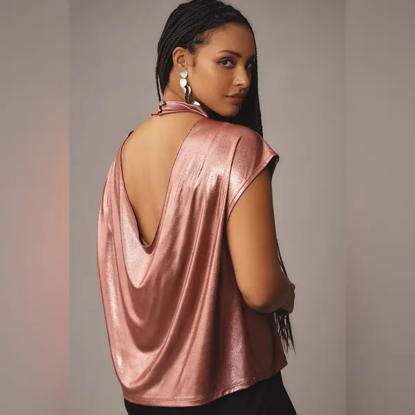 By Anthropologie • Cowl-Neck Liquid Shine Top Pinkish Red - Image 9