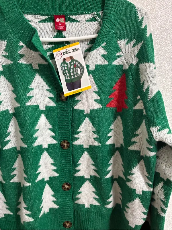 Holiday Tree Pattern Green Cardigan Sweater by Dec 25th Medium - Image 3