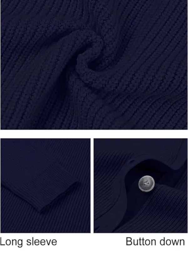 MEROKEETY Classic Navy Ribbed V-Neck Cardigan - Image 8