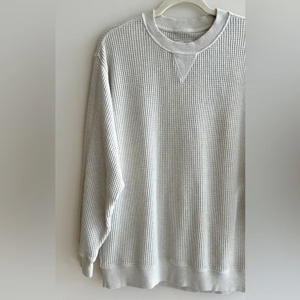 aerie Waffle Knit Long Sleeve Lounge Tee, Beige, Size Medium - Image 2