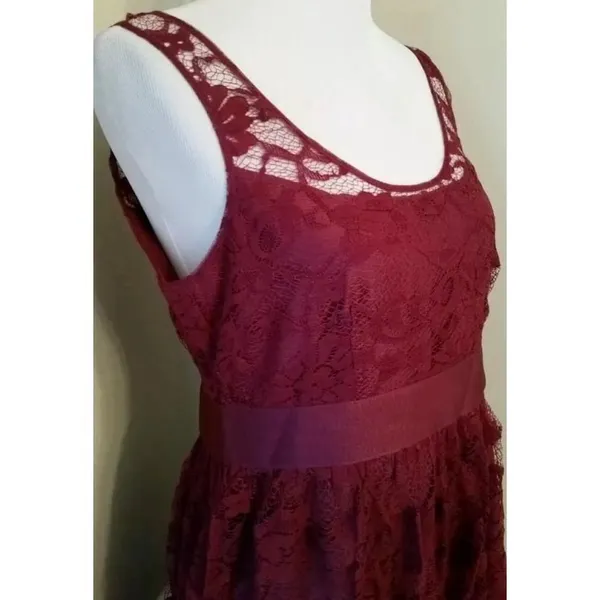 Burgundy Lace Dress Pleated Skirt Sleeveless Midi Cocktail Party BB Dakota Sz 2 - Image 3