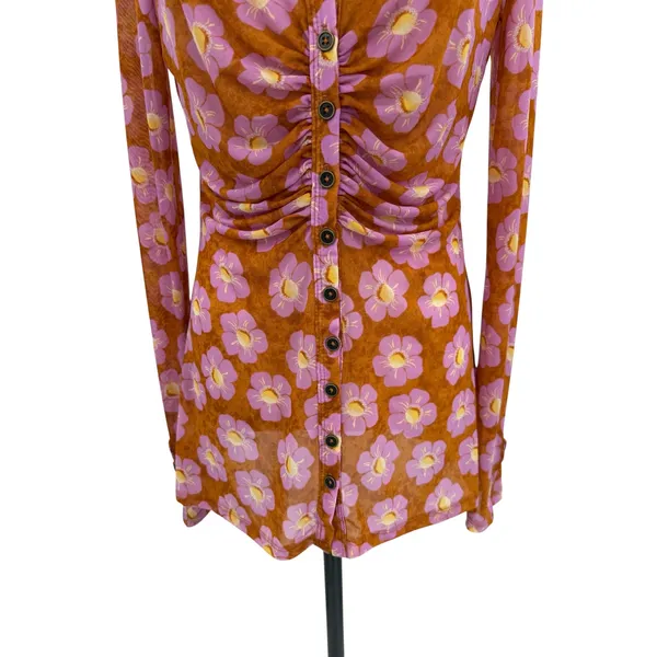 Free People Lucky Shirt Mesh Floral Ruched Button Front‎ Coffee Combo Medium - Image 5