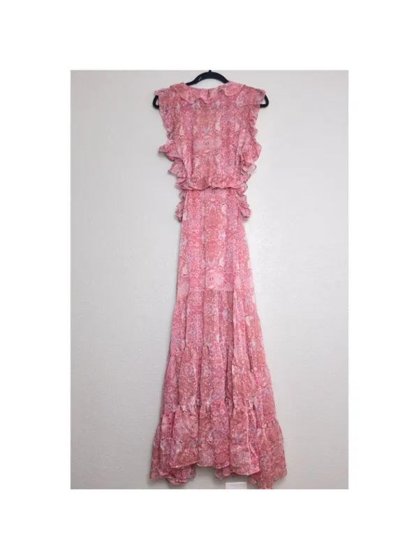 MISA Nastasha Maxi Dress L Ruffle Side Cut Out Floral Tiered Sleeveless Sheer - Image 9