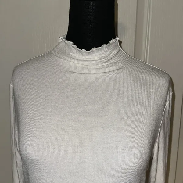 White Ribbed Lettuce Trim Mock Neck Long Sleeve - Image 2
