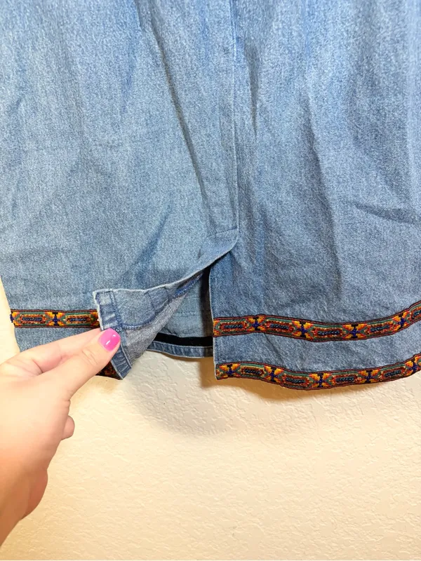 Vintage Denim Embroidered Beaded Trim Dress Size 8 - Image 7