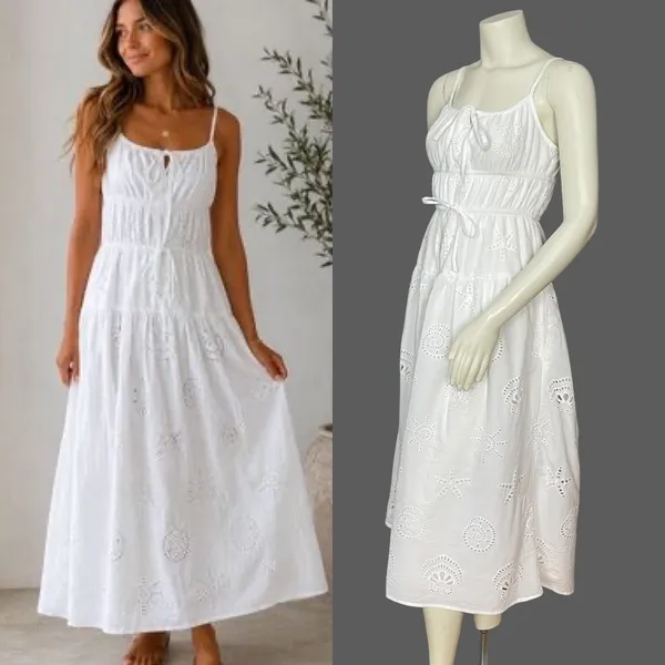 Sim & Sam Eyelet Dress Beachy Seashell Sun Star Nautical White Milkmaid Pockets - Image 2