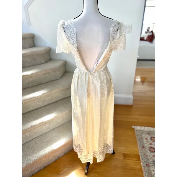 Vintage 70s Cream White Lace Scallop Trim Short Sleeve Midi Dress Regency Fairy - Image 7
