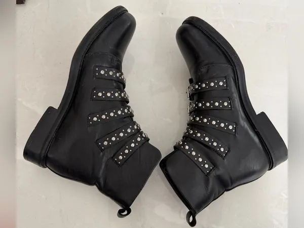 MAJE Leather Biker Boots EU 37: US 6.5 UK 4 Black Studded Buckle Straps Womens - Image 5