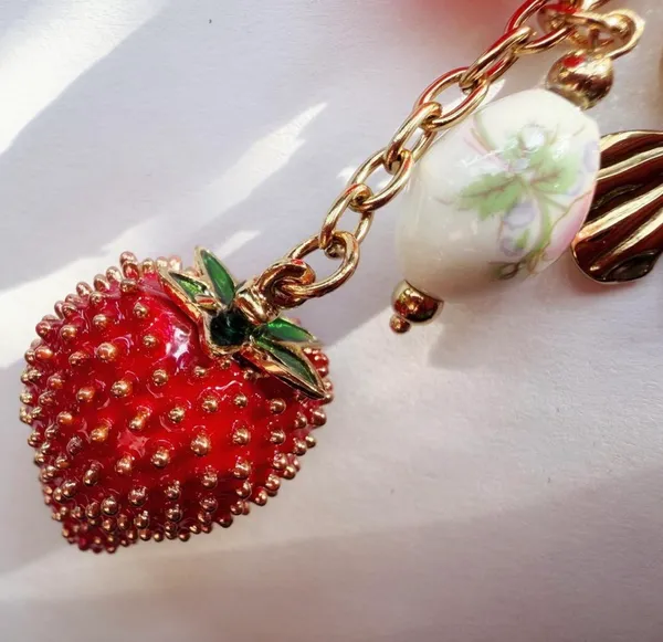 Red and gold handbag chain and keychain strawberry farm charms - Image 6