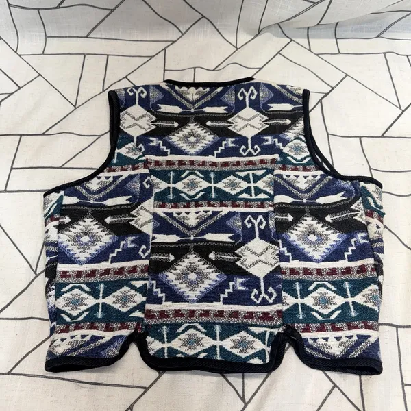 Southwest Canyon Geometric Jacquard Vest M Blue‎ VTG 90s Western Crop Aztec - Image 10