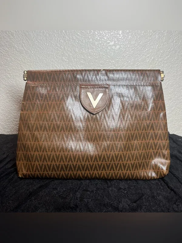 Vintage Mario Valentino V Monogram Brown Coated Canvas Unisex Clutch Bag - Image 2