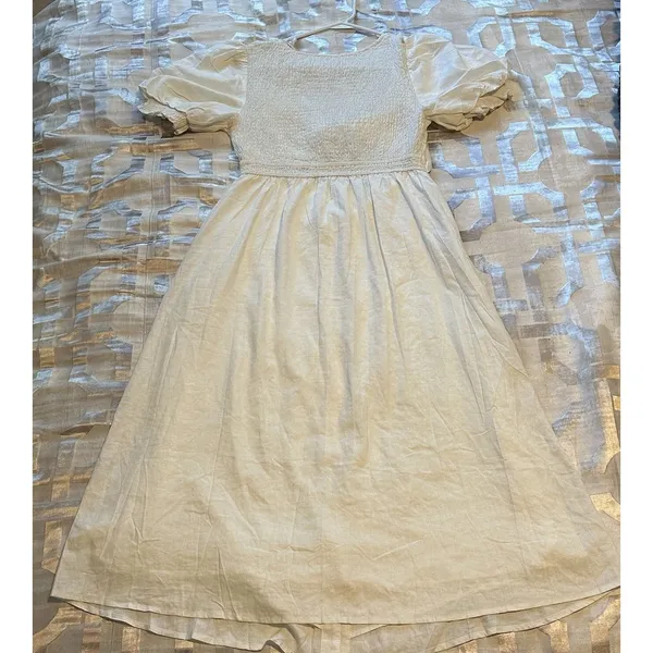 Source Unknown White Puff Sleeve Dress Halter Top Smocked Back Women's Large Tie Front Buttons - Image 7