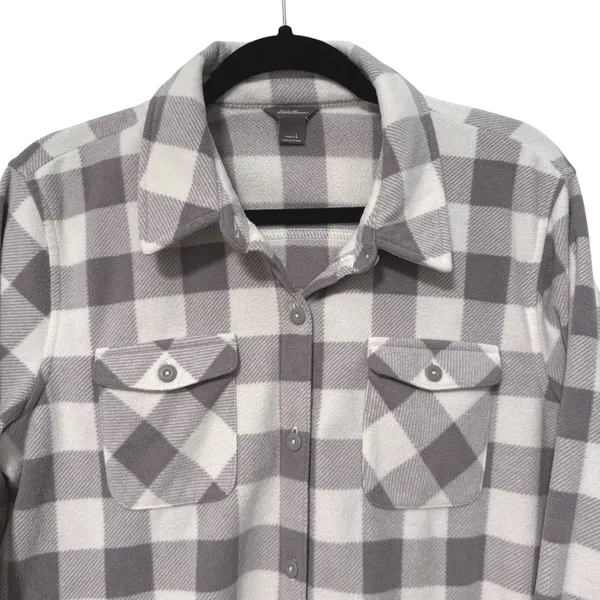 Eddie Bauer Fleece‎ Shirt Gray Buffalo Plaid Button Front Outdoorsy Womens L - Image 3