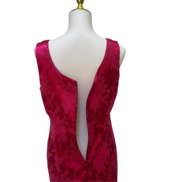 Hugo Buscati Sheath Dress 10 Red Floral Damask Satin 90s Party Glam Cocktail Y2K - Image 6