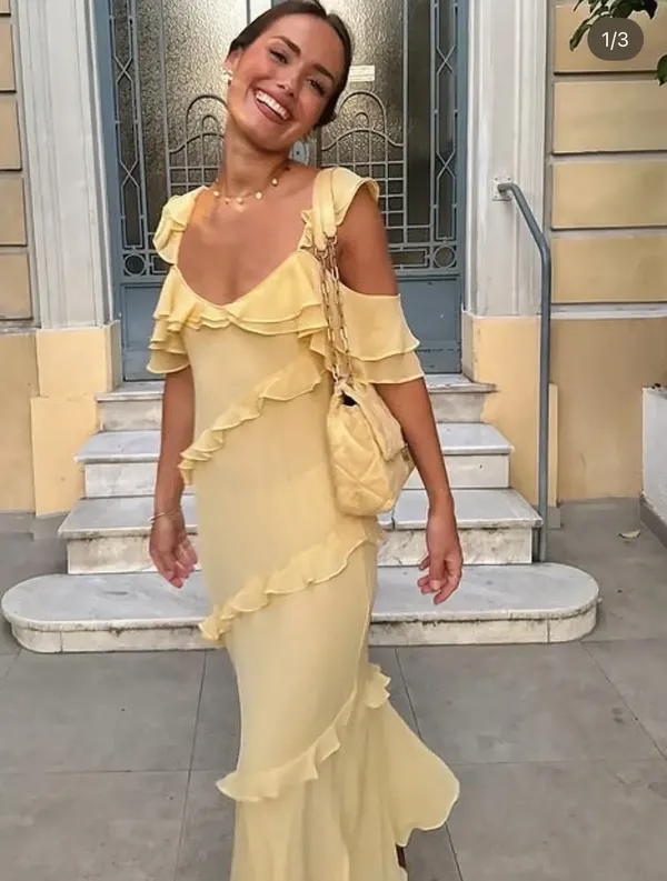 Zara Butter Yellow Ruffle Cold-Shoulder Maxi Bohemian Summer Sun Dress - Image 4