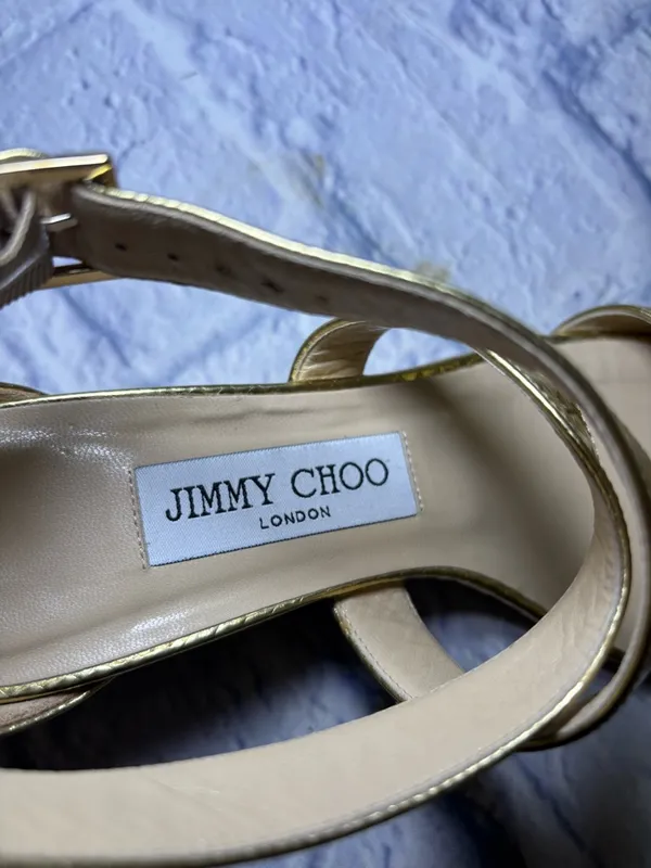 Jimmy Choo Gold Size 37 Slingback Sandals Quiet Luxury Snakeskin Leather Finish - Image 8