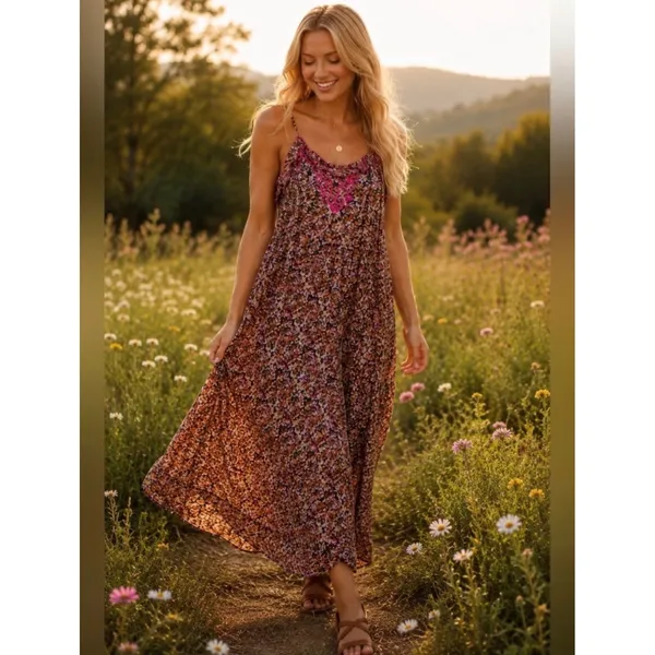 Natural Life Womens XS/S Floral Tiered Midi Dress Pink Embroidered Pockets Brown - Image 11