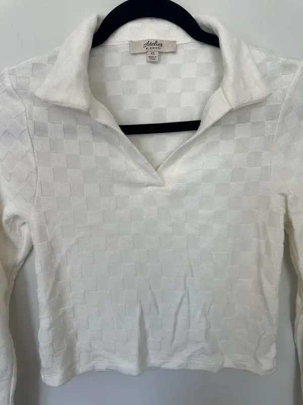 Atelier by Kirious White Textured Checker Long Sleeve Polo Top - Image 3