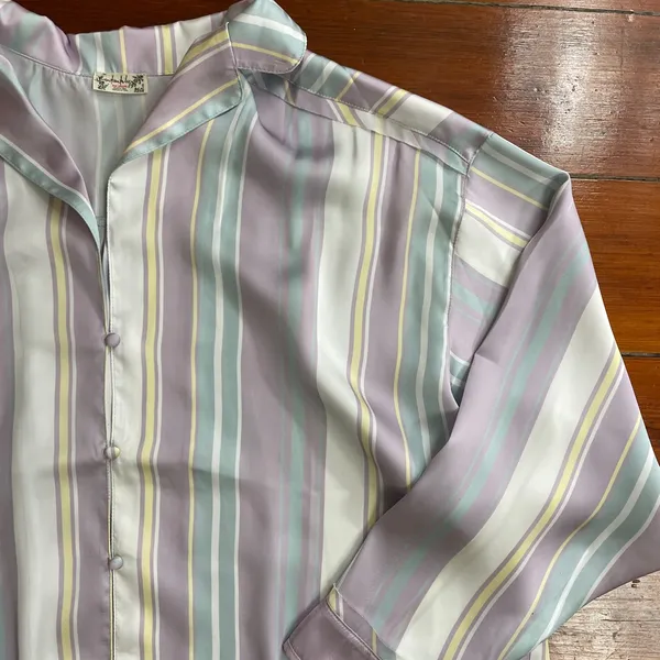 Free People Dreamy Days Satin Oversized Pastel Stripe Pajama Shirt Top XS 💛🎀 - Image 8