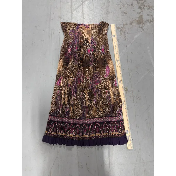 Y2k Leopard Paisley Print Pleated Midi Skirt Purple Brown Smocked Waist Medium - Image 4