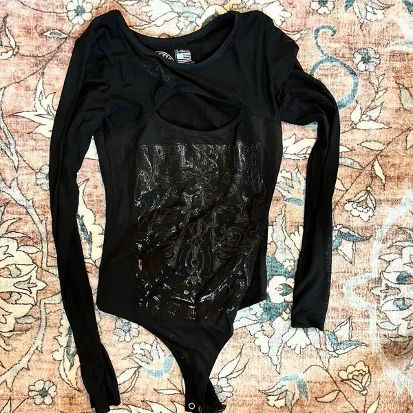 Affliction Live Fast Women’s Bodysuit Size XS Sheer Mesh Low Cut Black Moto - Image 2