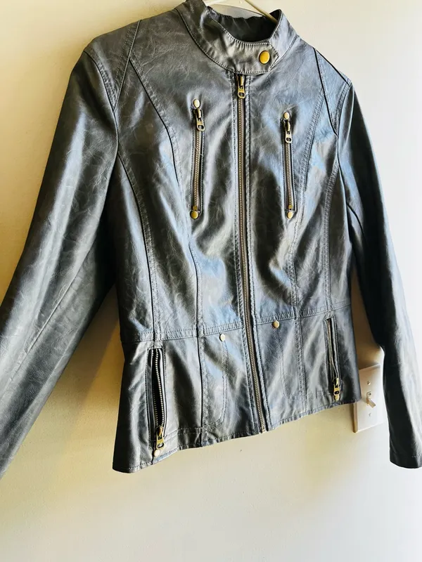 The Clothing Exchange Company Womens Black Faux Leather Zip-Front Jacket With Gold Details Pockets - Image 3