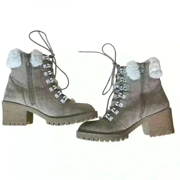 Madden Girl Lace Up Tan Chunky Boots Fur Trim Size 7 Side Zip Hiking 90s Neutral - Image 4