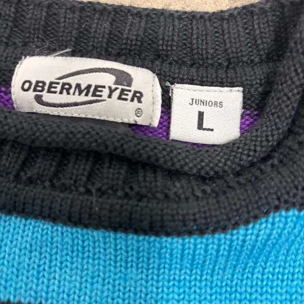 Obermeyer Vintage 90s Green Purple Neon Striped Ski Sweater Juniors Large - Image 2