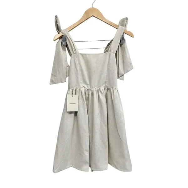 Miou Muse Linen Blend Tie Shoulder Mini Dress Oatmeal Beige Small Boho NWT - Image 2