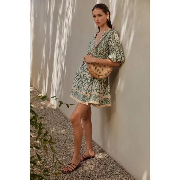 Anthropologie‎ Ash Eden Women 100% Cotton Mini Wrap Dress XS Green Cottage Party - Image 2