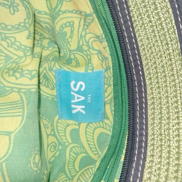 The Sak Green Woven Satchel Purse W/ Navy Blue Trim Vintage Boho Style Handbag - Image 8