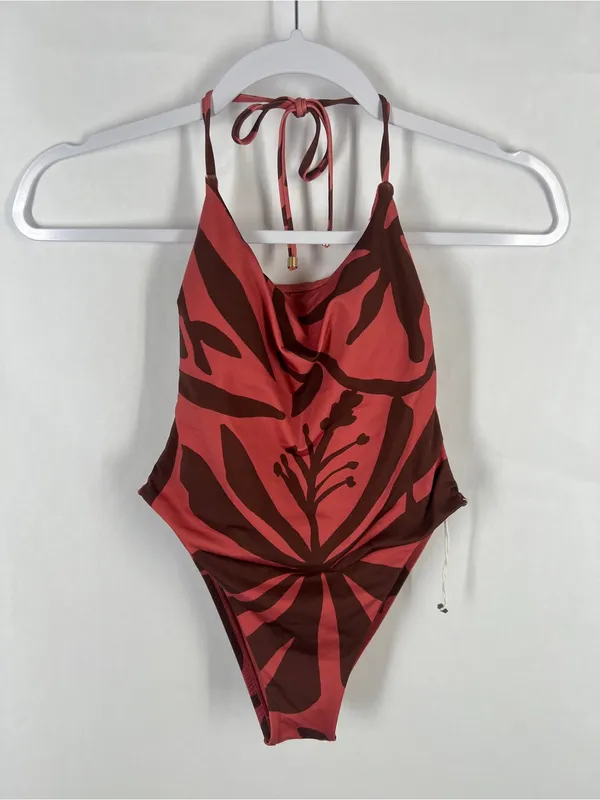 Vitamin A Rust and Dark Brown Botanical Tie-Shoulder One-Piece - Image 2