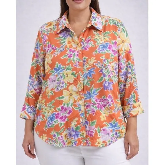 Lauren Ralph Lauren Shirt Womens L Orange Floral Cotton Button Front 3/4 Sleeve - Image 2