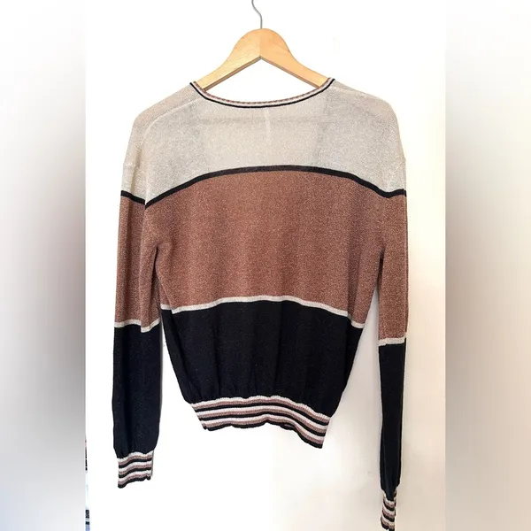 Free People‎ Sweater - Sz Medium - Deep V-Neck - Color Block - Gold Dust - Image 6