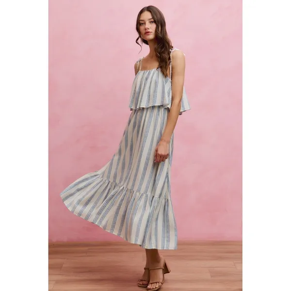 SO ME Stripe Tiered Shoulder Tie Midi Lined Dress - Medium - Image 4