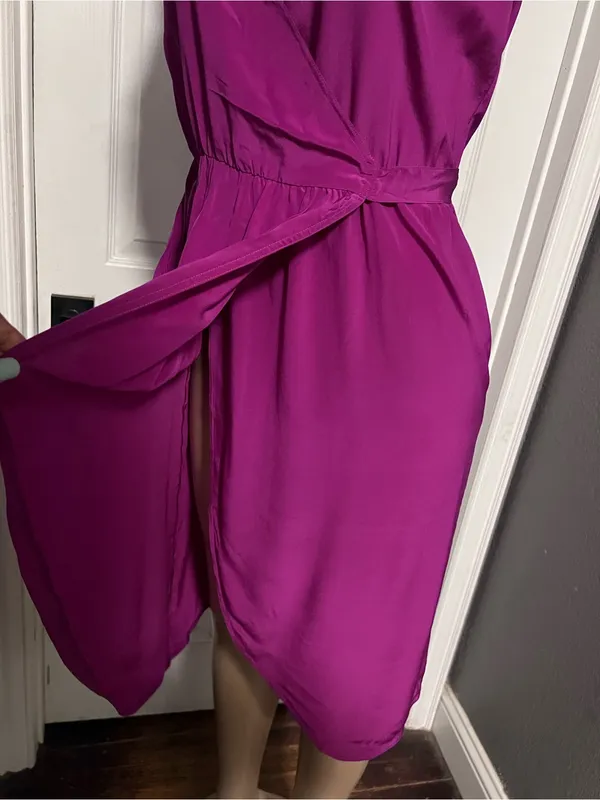 Diane Von Furstenberg Fuchsia Wrap 100% silk Midi Dress size 6 DVF FLAWED - Image 6