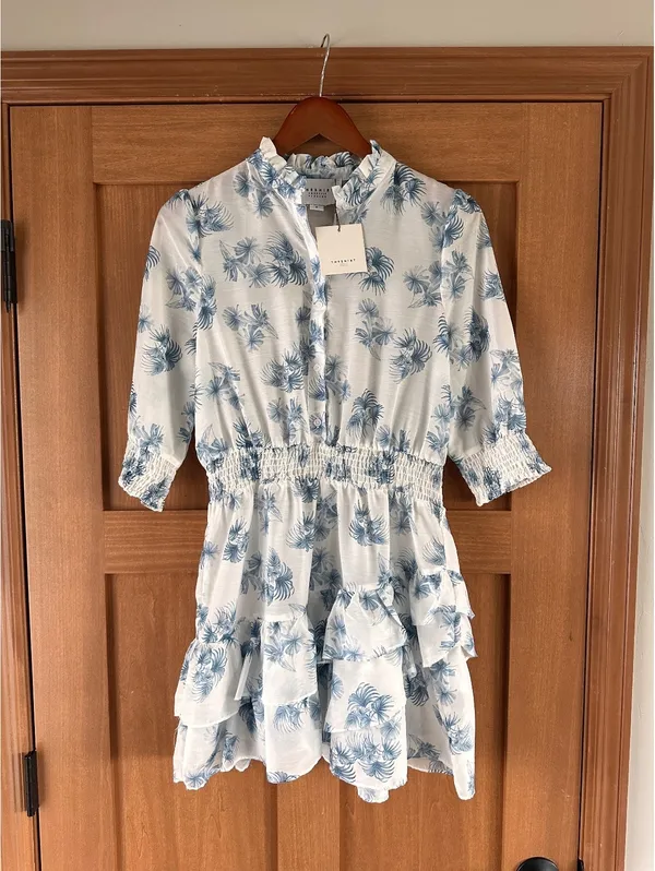 NWT The Shirt Rochelle Behrens Tiered Mini Dress White Blue Floral Women’s Small - Image 13
