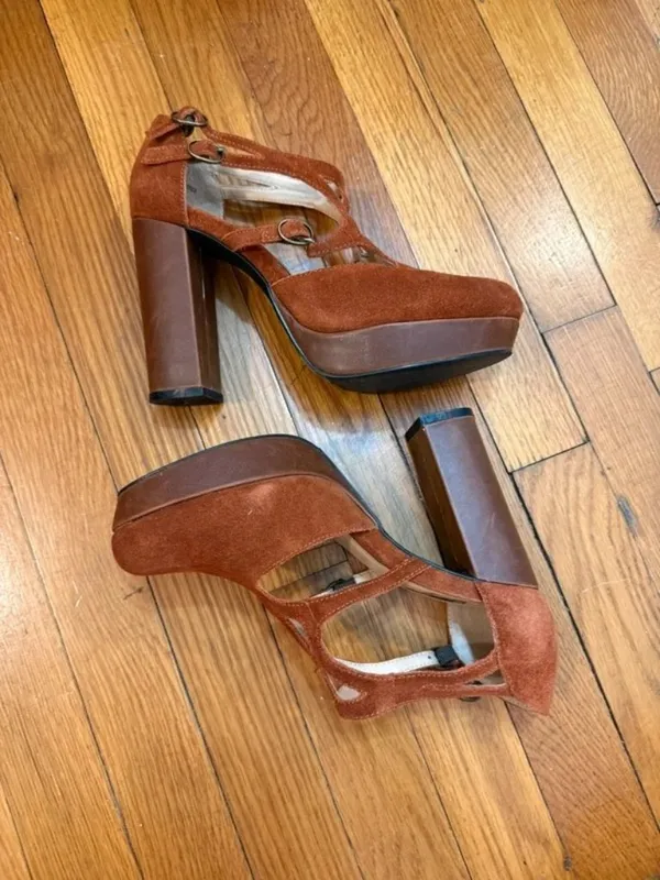 Platform Block Heel Cage T Strap Heeled Pump Sueded Texture US SZ 7 - Image 5