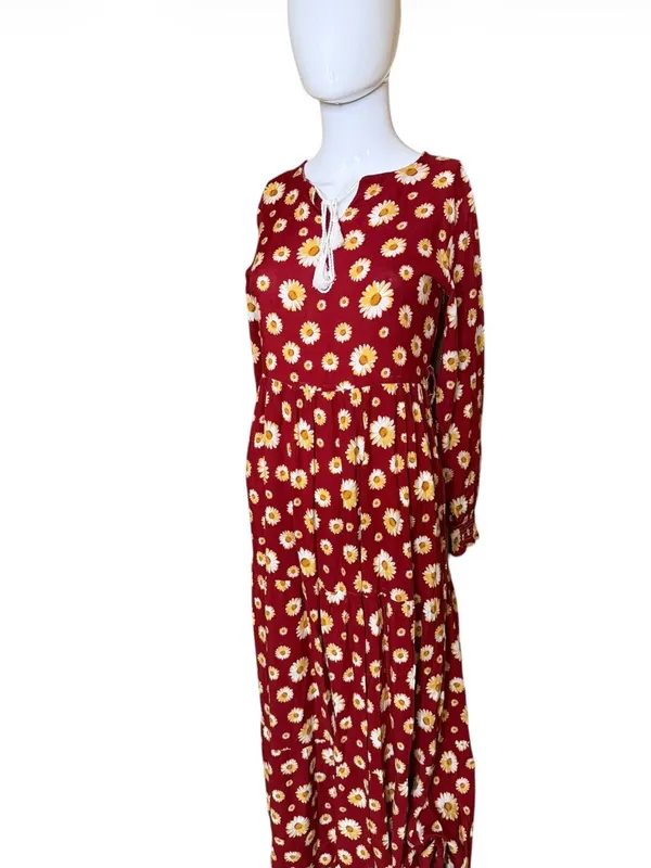 Women’s Red Daisy Print Long Sleeve Maxi Dress - Image 2