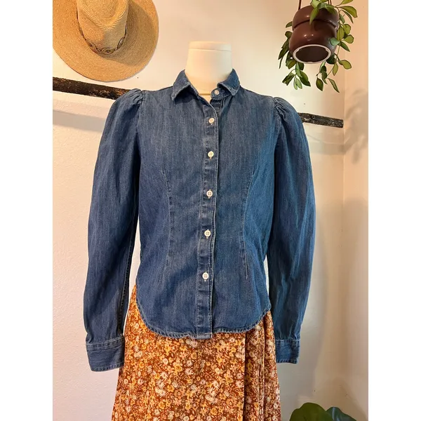 Express Blue Cotton Denim Puffed Long Sleeve Button Front Blouse Size XS - Image 3