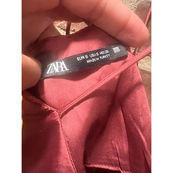 Zara Boho Rust Crinkle Satin Pleated Maxi Dress Cross Ladder Back Maroon Small - Image 6