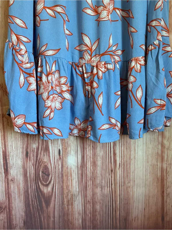 Talbots Blue Flowing Orange Hibiscus Ruffle Tiered Midi Skirt Size M - Image 7