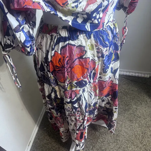 Free People Shasta Skirt Set Floral Off Shoulder Crop Top Tiered Midi Skirt M - Image 6