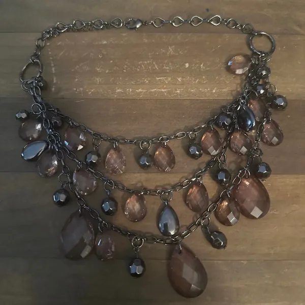 Gunmetal multi strand amber dangle bead statement necklace Brown - Image 2