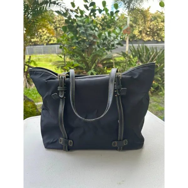 Dooney & Bourke #K0339891 Black Nylon Leather Trim Snap Buttons Pocket Tote Bag - Image 3