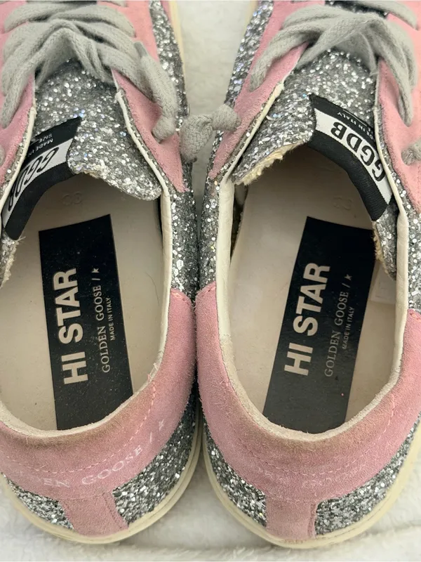 Golden Goose Hi Star Sneakers - Silver Glitter & Pink Suede Star (Size 38) - Image 7